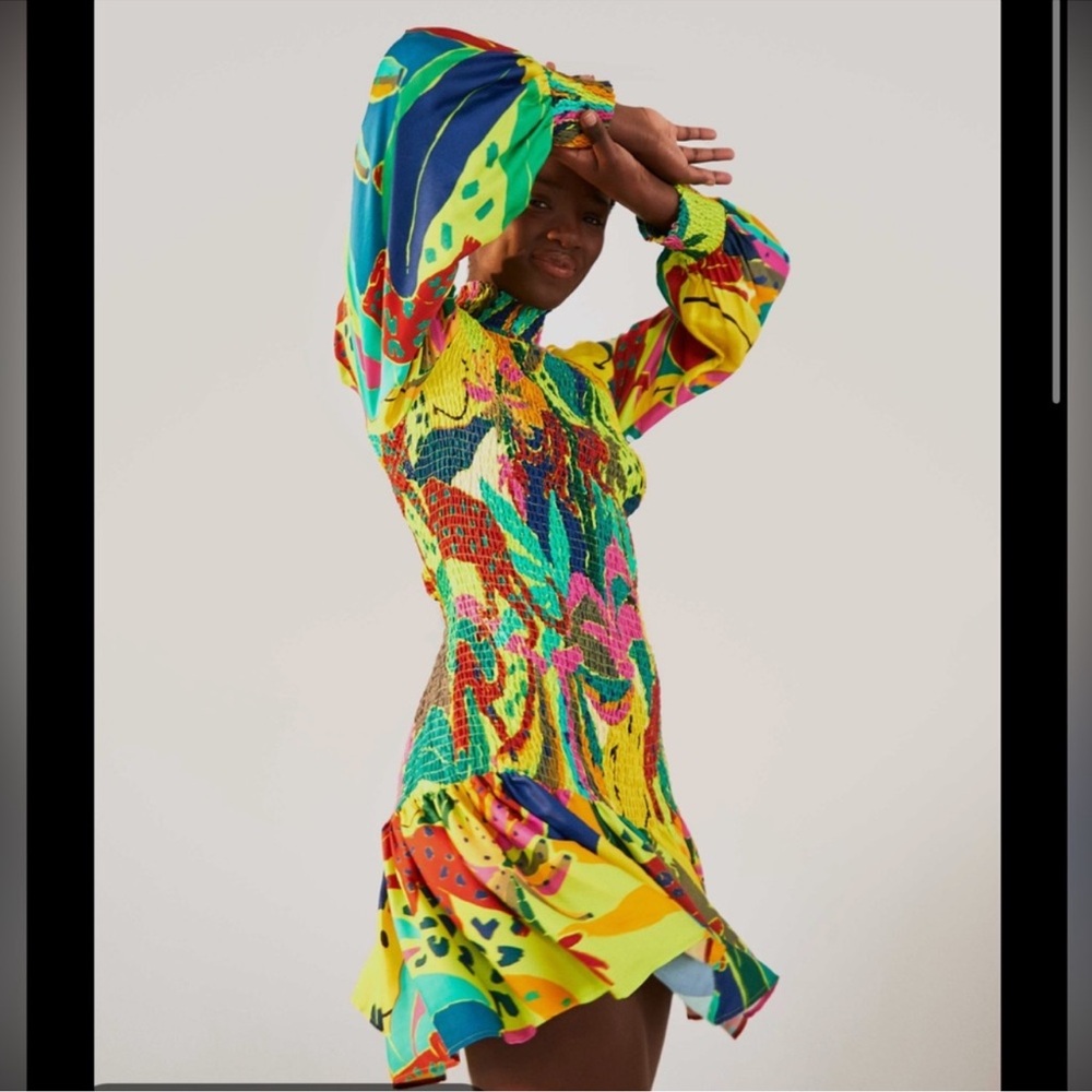 FARM Rio Vibrant Multicolor Smocked Long-Sleeve Mini Dress
